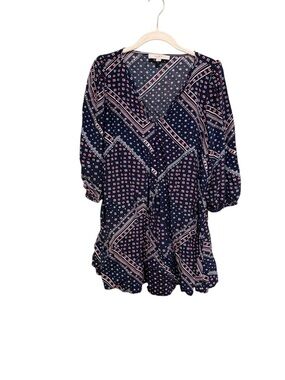 LOFT Navy Printed V-Neck Midi Dress with Pink Accents